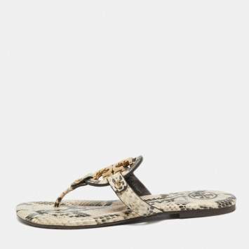 Pre Owned Tory Burch Beige/Brown Snakeskin Embossed Leather Miller Thong Flats Size 36