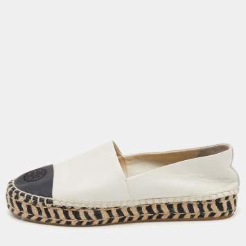 Pre Owned Tory Burch White/Black Leather Cap Toe Espadrille Flats Size 39
