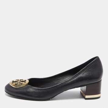 Pre Owned Tory Burch Black Leather Janey Block Heel Pumps Size 40.5