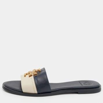 Pre Owned Tory Burch Navy Blue/Cream Leather Eleanor Logo Plaque Slide Sandals Size 36