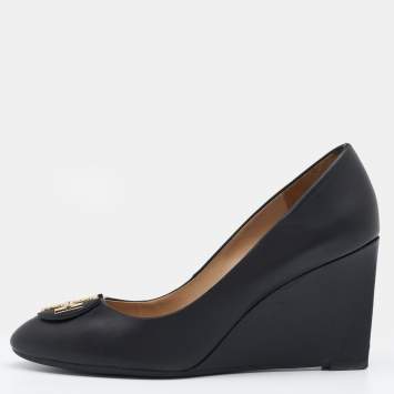 Pre Owned Tory Burch Black Leather Luna Wedge Pumps Size 39.5