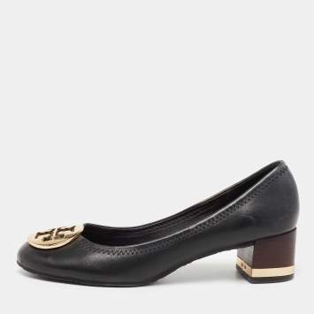 Pre Owned Tory Burch Black Leather Reva Block Heel Pumps Size 36.5 