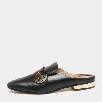 Pre Owned Tory Burch Black Leather Sidney Backless Loafers Size 40