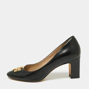 Pre Owned Tory Burch Black Leather Janey Block Heel Pumps Size 37.5