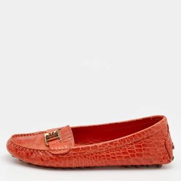 Pre Owned Tory Burch Orange Croc Embossed Leather Driver Loafers Size 39