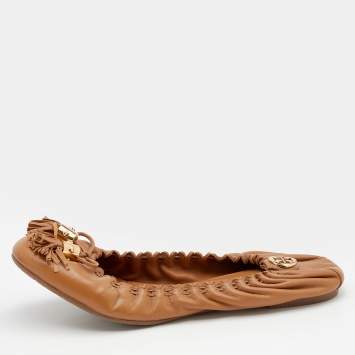 Pre Owned Tory Burch Brown Leather Reva Scrunch Ballet Flats Size 39.5