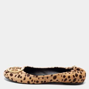 Pre Owned Tory Burch Brown Leopard Print Calf Hair Reva Ballet Flats Size 39