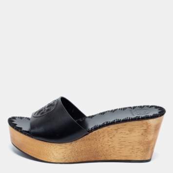 Pre Owned Tory Burch Black Leather Patti Wedge Slide Sandals Size 38.5