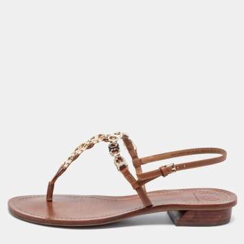 Pre Owned Tory Burch Brown Leather T Strap Flat Sandals Size 39