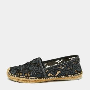 Pre Owned Tory Burch Navy Blue Leather And Mesh Jacki Espadrille Flats Size 37.5