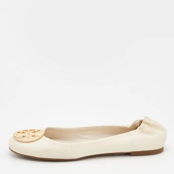 Pre Owned Tory Burch Off-White Leather Reva Scrunch Ballet Flats Size 40