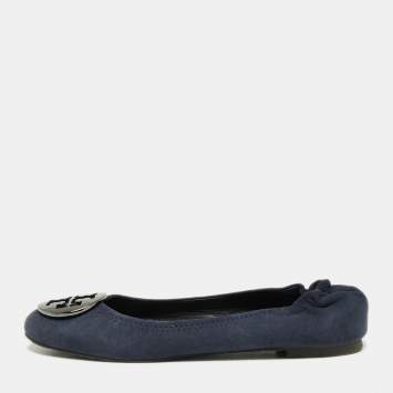 Pre Owned Tory Burch Navy Blue Suede Minnie Scrunch Ballet Flats Size 35.5