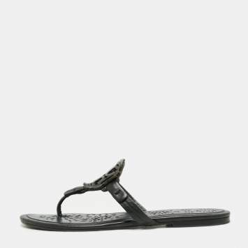 Pre Owned Tory Burch Navy Blue/Black Leather Slide Flats Size 40