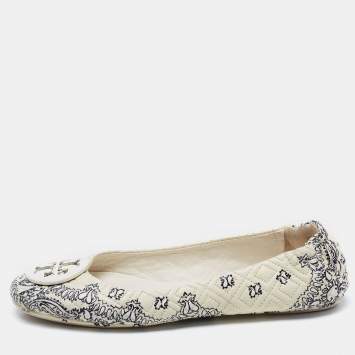 Pre Owned Tory Burch Cream/Black Quilted Printed Leather Minnie Ballet Flats Size 40