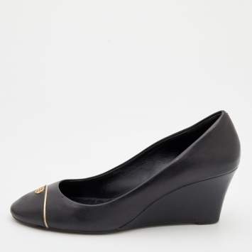 Pre Owned Tory Burch Black Leather Cap Toe Wedge Pumps Size 38