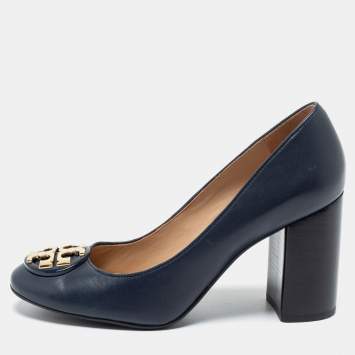 Pre Owned Tory Burch Navy Blue Leather Janey Block Heel Pumps Size 37