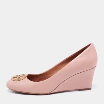 Pre Owned Tory Burch Beige Leather Chelsea Wedge Pumps Size 37.5