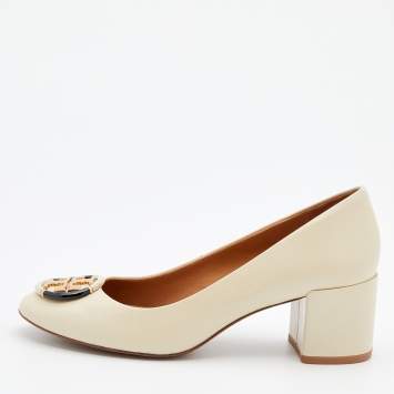 Pre Owned Tory Burch Cream Leather Logo Block Heel Pumps Size 37.5