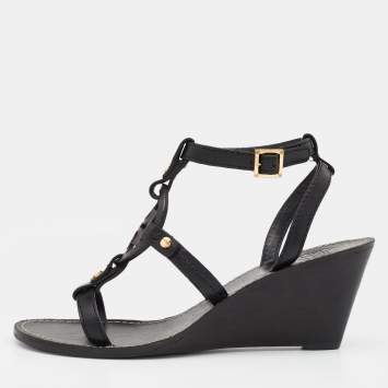 Pre Owned Tory Burch Black Leather Miller Logo Wedge Ankle Strap Sandals Size 37.5