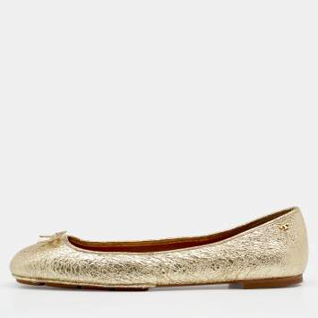 Pre Owned Tory Burch Metallic Gold Laila 2 Square Toe Ballet Flats Size 41