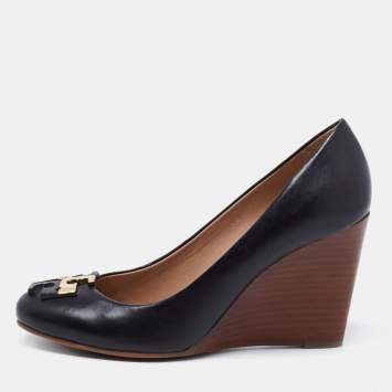 Pre Owned Tory Burch Black Leather Lowell New Logo Wedge Pumps Size 37