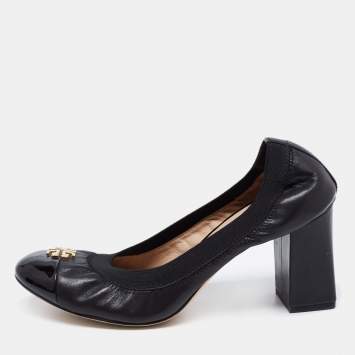 Pre Owned Tory Burch Black Leather Cap Toe Jolie Block Heel Pumps Size 37