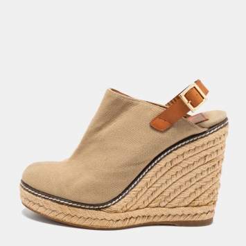 Pre Owned Tory Burch Beige Canvas And Leather Slingback Platform Espadrille Wedge Sandals Size 37