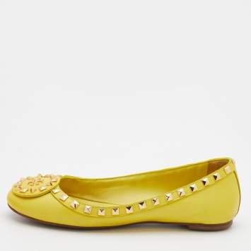 Pre Owned Tory Burch Yellow Leather Studded Ballet Flats Size 37.5