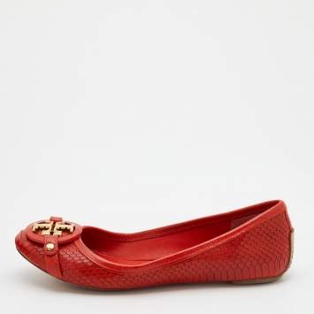 Pre Owned Tory Burch Orange Snakeskin Embossed Leather Aaden Ballet Flats Size 37.5