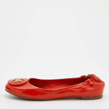 Pre Owned Tory Burch Orange Patent Leather Minnie Scrunch Ballet Flats Size 37.5