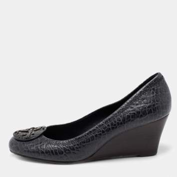 Pre Owned Tory Burch Navy Blue Leather Wedge Pumps Size 38