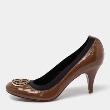 Pre Owned Tory Burch Brown Patent Leather Caroline Reva Scrunch Pumps Size 39