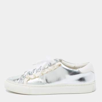 Pre Owned Tory Burch Silver/White Leather Tory Sport Ruffle Low Top Sneakers Size 38.5