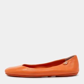 Pre Owned Tory Burch Orange Leather Round Toe Ballet Flats Size 38