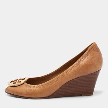 Pre Owned Tory Burch Brown Leather Wedge Peep Toe Pumps Size 38.5