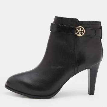 Pre Owned Tory Burch Black Leather Ankle Length Boots Size 38.5