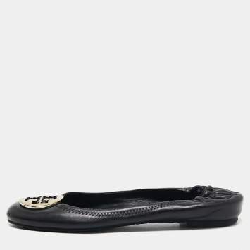 Pre Owned Tory Burch Black Leather Minnie Scrunch Ballet Flats Size 38.5