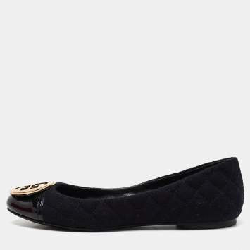 Pre Owned Tory Burch Black Patent Leather And Tweed  Cap Toe Ballet Flats Size 38.5