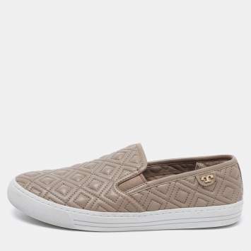 Pre Owned Tory Burch Grey Quilted Slip on Sneakers Size 38.5