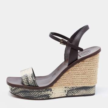 Pre Owned Tory Burch Tri-Color Python Embossed Leather Espadrille Wedge Ankle Strap Sandals Size 38