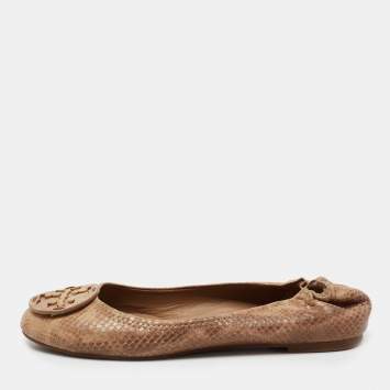 مملوكة مسبقًا Tory Burch Light Brown Python Embossed Leather Reva Ballet Flats Size 39