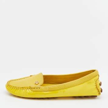 Pre Owned Tory Burch Yellow Patent Leather And Leather Slip On Loafers Size 36.5