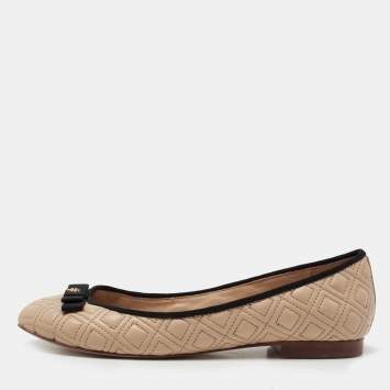 Pre Owned Tory Burch Beige Marion Quilted Leather Bow Ballet Flats Size 37