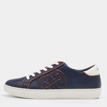 Pre Owned Tory Burch Navy Blue Leather Chance Low Top Sneakers Size 37.5