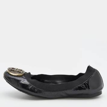 Pre Owned Tory Burch Black Patent Leather Scrunch Ballet Flats Size 36.5