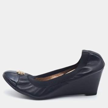 Pre Owned Tory Burch Black Leather Caroline Scrunch Wedge Pumps Size 39