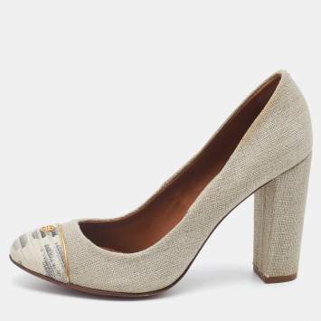 Pre Owned Tory Burch Beige Canvas Block Heel Pumps Size 37.5