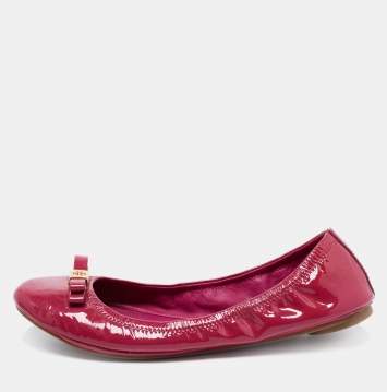 Pre Owned Tory Burch Magenta Patent Leather Eddie Logo Bow Ballet Flats Size 39.5