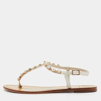 Pre Owned Tory Burch Off White Leather Faux Pearl Accents T Strap Sandals Size 39.5 
