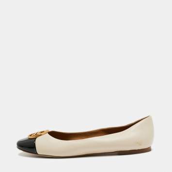 Pre Owned Tory Burch Beige/Black Leather and Patent Ballet Flats Size 40 